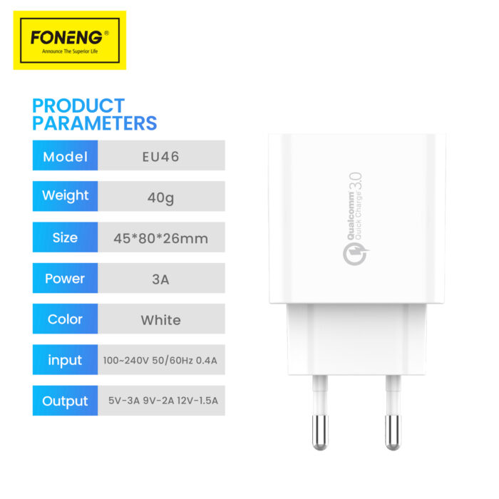 CARICATORE DA RETE FONENG EU46 - USB - 18W 3A CON CAVO DA USB A MICRO USB BIANCO - immagine 2